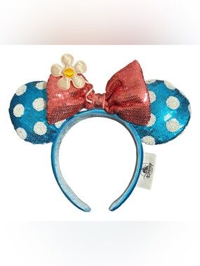 Sequins Blue Mouse Ear Headband with Dots, Coral Bow and Daisy